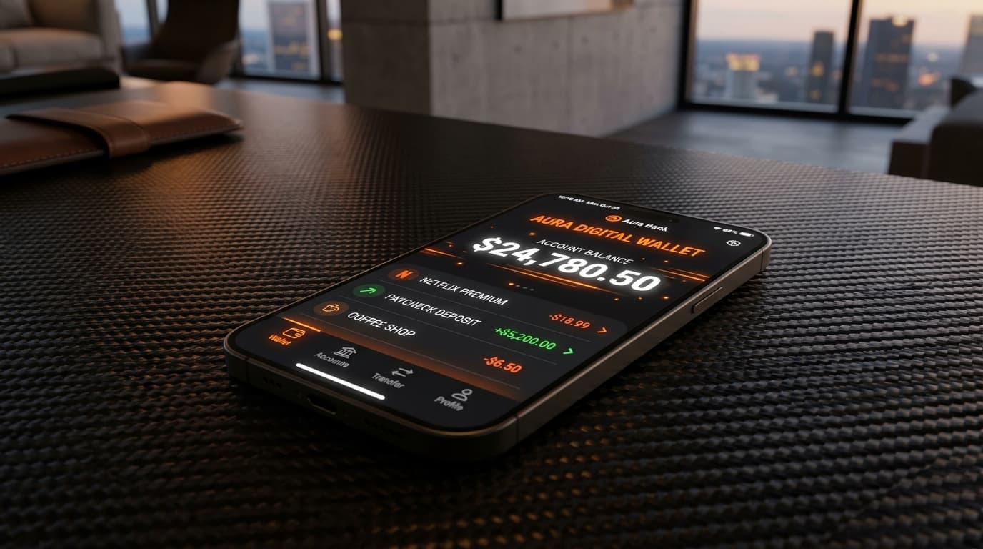 Billetera digital en smartphone sobre escritorio de fibra de carbono