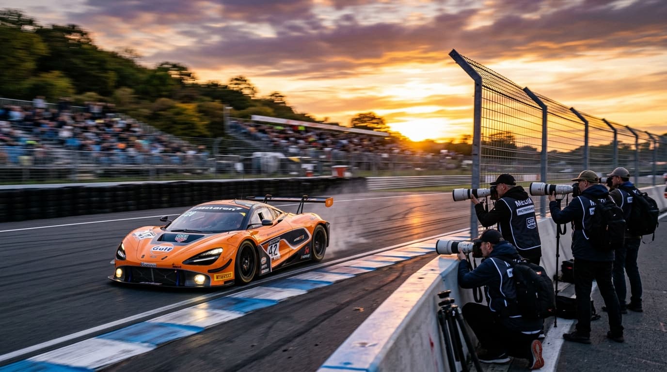 Coche GT de carreras a toda velocidad con fotógrafos disparando en el circuito